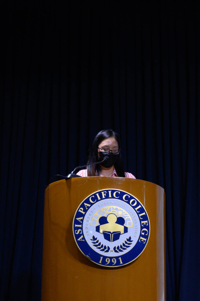 HUMSS student Janice Salipande gives a speech on behalf of the academic excellence awardees. Photo by Terrence Luigi Matel