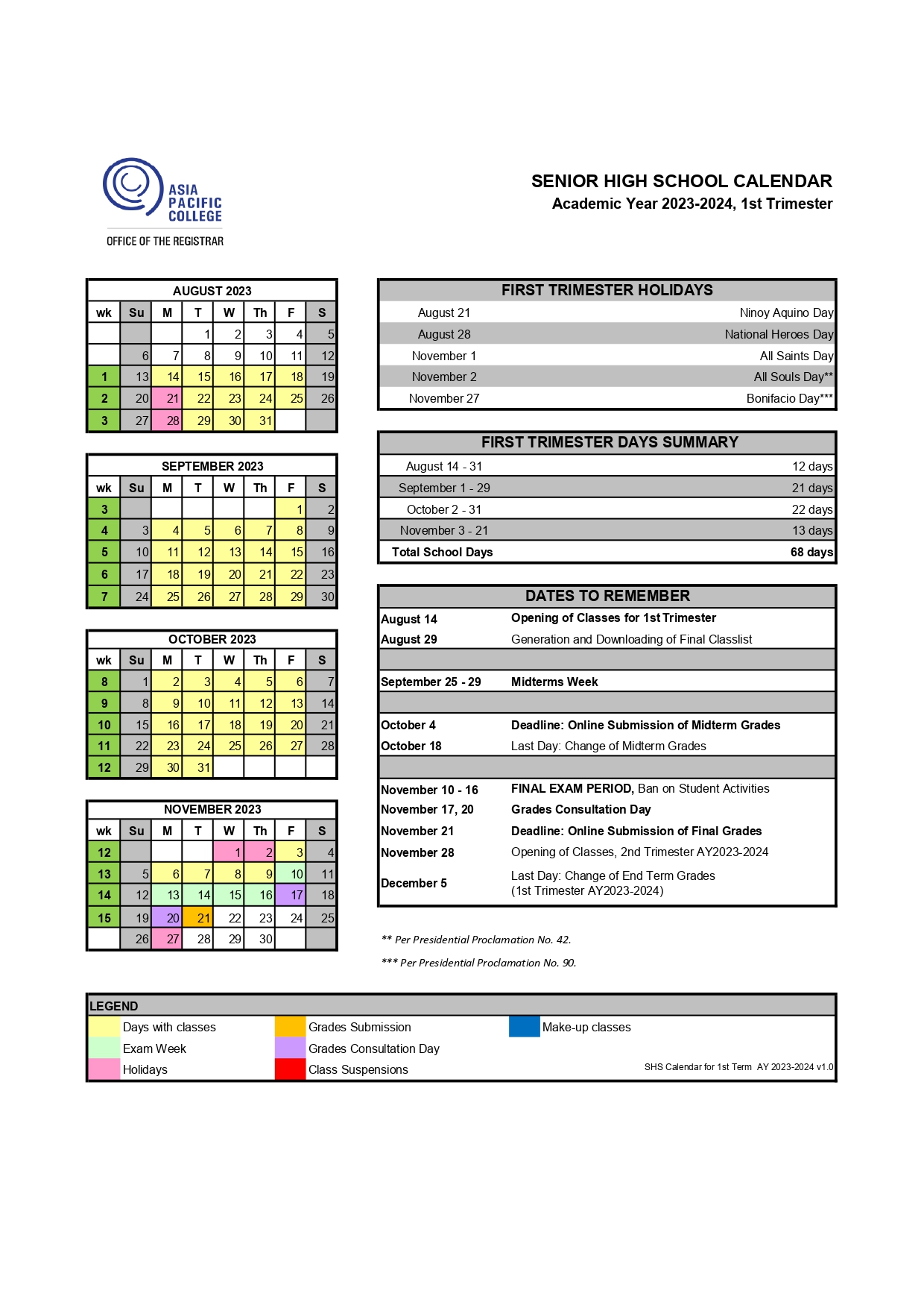 Calendar Asia Pacific College