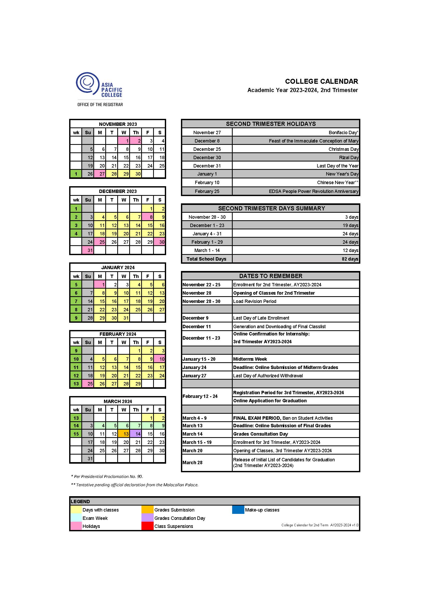 Calendar Asia Pacific College