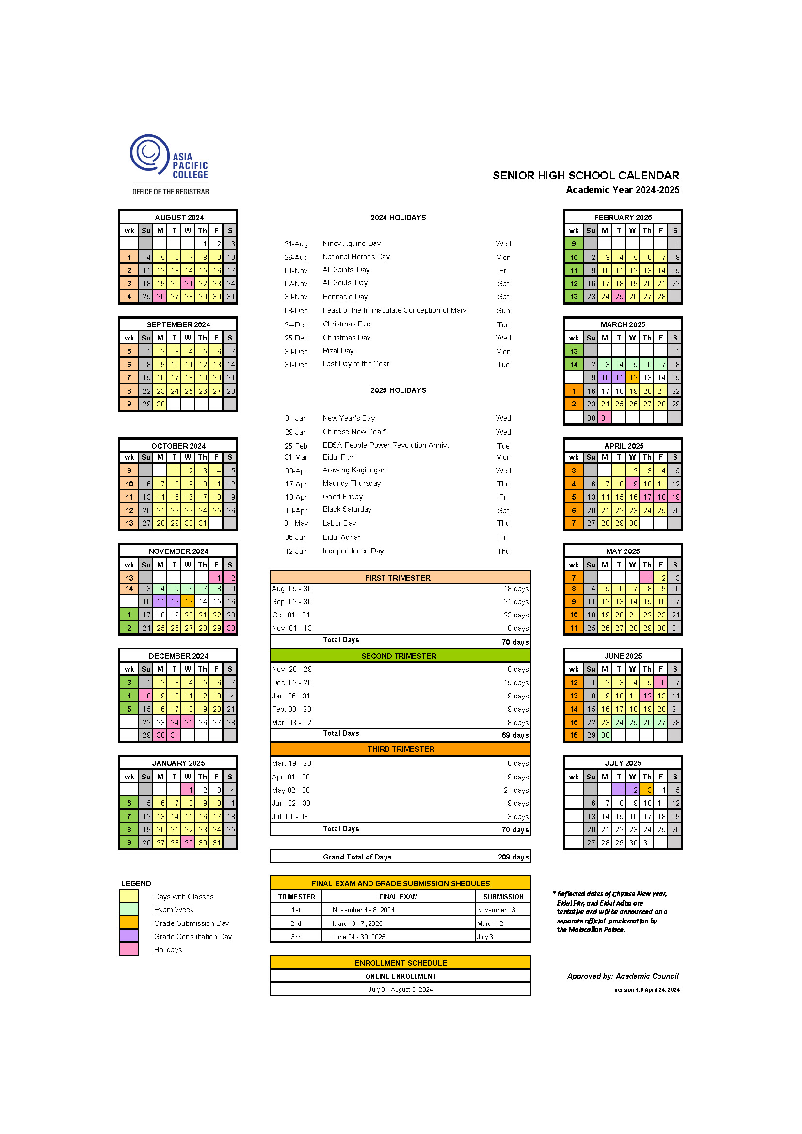 APC Senior High School Calendar 2024-25 v1